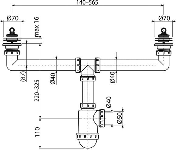 ALCA A449 dřezový sifon DN40/50, dvojitý, s převlečnými maticemi 6/4 a s výpustmi A449-DN50/40 Technický nákres