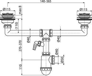 ALCA A453P dřezový sifon DN40/50, dvojitý, s přípojkou a dvěma výpustmi A453P Technický nákres