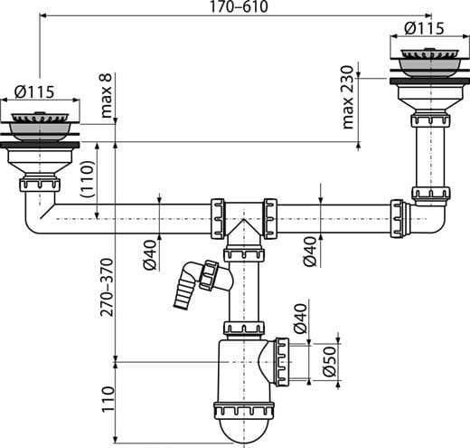 ALCA A454P dřezový sifon DN40/50, dvojitý, s přípojkou a dvěma výpustmi A454P Technický nákres