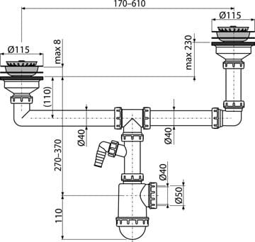 ALCA A454P dřezový sifon DN40/50, dvojitý, s přípojkou a dvěma výpustmi A454P Technický nákres
