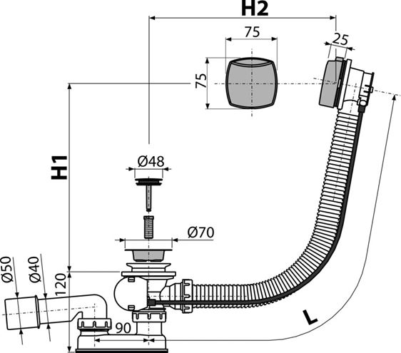 ALCA vanový sifon 80 cm, bovden, chrom A51CR-80 Technický nákres