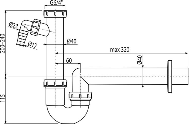 ALCA A81 dřezový sifon DN40, s přípojkou a převlečnou maticí 6/4 A81-DN40 Technický nákres