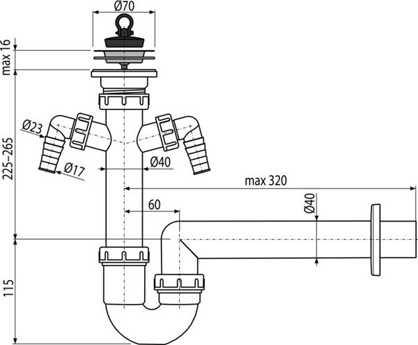 ALCA A820 dřezový sifon DN40, se dvěma přípojkami a výpustí A820-DN40 Technický nákres