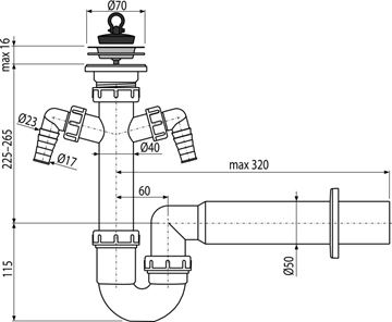 ALCA A820 dřezový sifon DN50, se dvěma přípojkami a výpustí A820-DN50 Technický nákres