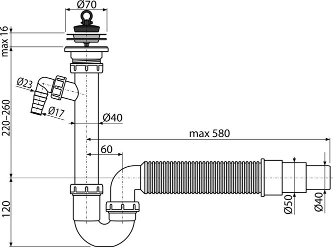 ALCA A830 dřezový sifon DN50/40, s přípojkou a výpustí A830-DN50/40 Technický nákres
