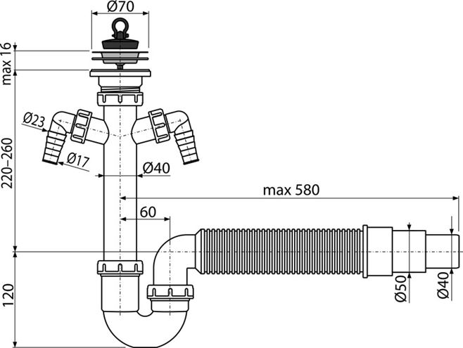 ALCA A840 dřezový sifon DN50/40, se dvěma přípojkami a výpustí A840-DN50/40 Technický nákres