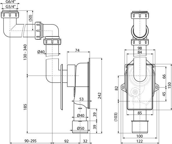 ALCA A873 podomítkový dřezový sifon DN40/50, s převlečnou maticí 6/4 A873 Technický nákres
