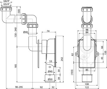 ALCA A873 podomítkový dřezový sifon DN40/50, s převlečnou maticí 6/4 A873 Technický nákres