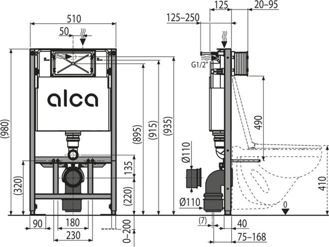 ALCA SÁDROMODUL montážní prvek pro WC 98 cm, se splachovací nádržkou AM101/1000 Technický nákres