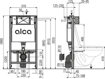 ALCA SÁDROMODUL montážní prvek pro WC 98 cm, se splachovací nádržkou AM101/1000 Technický nákres