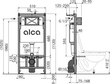 ALCA SÁDROMODUL montážní prvek pro WC 112 cm, se splachovací nádržkou AM101/1120 Technický nákres