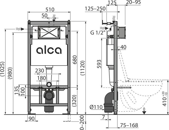 ALCA SÁDROMODUL montážní prvek pro WC 112 cm, se splachovací nádržkou AM101/1120 Technický nákres