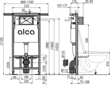 ALCA JÁDROMODUL montážní prvek pro WC 112 cm, se splachovací nádržkou AM102/1120 Technický nákres