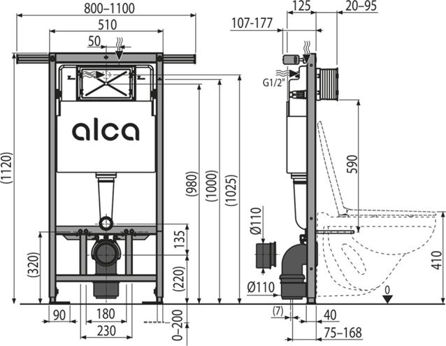 ALCA JÁDROMODUL montážní prvek pro WC 112 cm, se splachovací nádržkou AM102/1120 Technický nákres