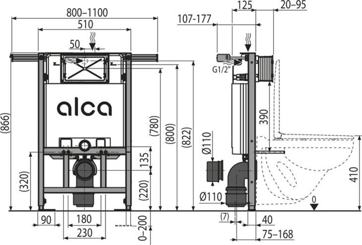 ALCA JÁDROMODUL montážní prvek pro WC 86,6 cm, se splachovací nádržkou AM102/850 Technický nákres