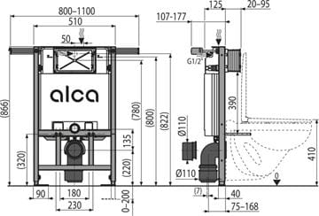 ALCA JÁDROMODUL montážní prvek pro WC 86,6 cm, se splachovací nádržkou AM102/850 Technický nákres