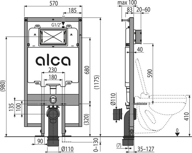 ALCA SÁDROMODUL SLIM montážní prvek pro WC 117,5 cm, se splachovací nádržkou AM1101/1200 Technický nákres