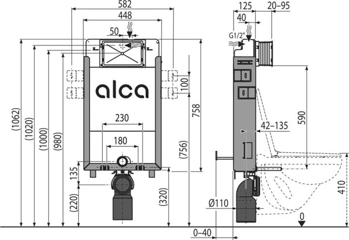 ALCA RENOVMODUL montážní prvek pro WC 102 cm, se splachovací nádržkou AM115/1000 Technický nákres