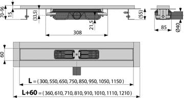ALCA APZ101 LOW sprchový žlab 550 mm, do prostoru i ke stěně, boční odtok DN 40, bez roštu, PP/nerez ocel APZ101-550 Technický nákres