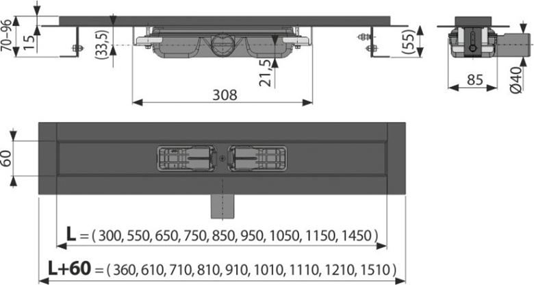 ALCA APZ101BLACK LOW sprchový žlab 650 mm, do prostoru i ke stěně, boční odtok DN 40, bez roštu, PP/nerez ocel, černá matná APZ101BLACK-650 Technický nákres