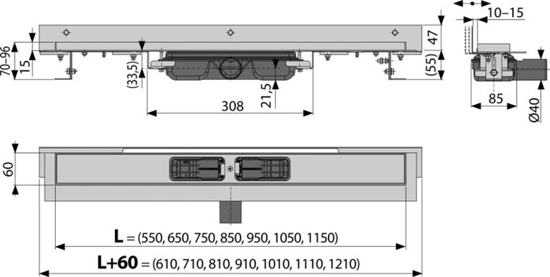 ALCA APZ104 FLEXIBLE LOW sprchový žlab 550 mm, ke stěně, boční odtok DN 40, bez roštu, PP/nerez ocel APZ104-550 Technický nákres