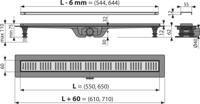 ALCA APZ10 sprchový žlab 650 mm, do prostoru i ke stěně, boční odtok DN 40, rošt SIMPLE 10, PP/nerez ocel APZ10-650M Technický nákres
