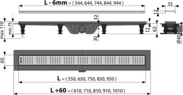 ALCA APZ10 sprchový žlab 850 mm, do prostoru i ke stěně, boční odtok DN 40, rošt SIMPLE 10, PP/nerez ocel APZ10-850M Technický nákres