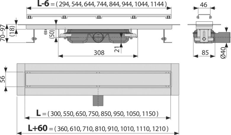 ALCA APZ115 MARBLE LOW sprchový žlab 1150 mm, do prostoru i ke stěně, boční odtok DN 40, rošt pro vložení dlažby, PP/nerez ocel APZ115-1150 Technický nákres