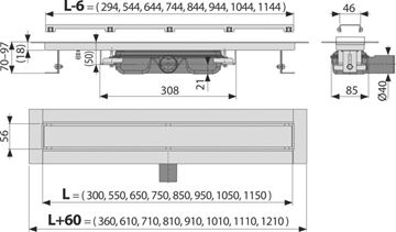 ALCA APZ115 MARBLE LOW sprchový žlab 650 mm, do prostoru i ke stěně, boční odtok DN 40, rošt pro vložení dlažby, PP/nerez ocel APZ115-650 Technický nákres