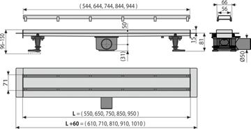 ALCA APZ13-DOUBLE9 FIT AND GO sprchový žlab 950 mm, do prostoru i ke stěně, boční odtok DN 50, rošt pro vložení dlažby DOUBLE, nerez ocel APZ13-DOUBLE9-950 Technický nákres