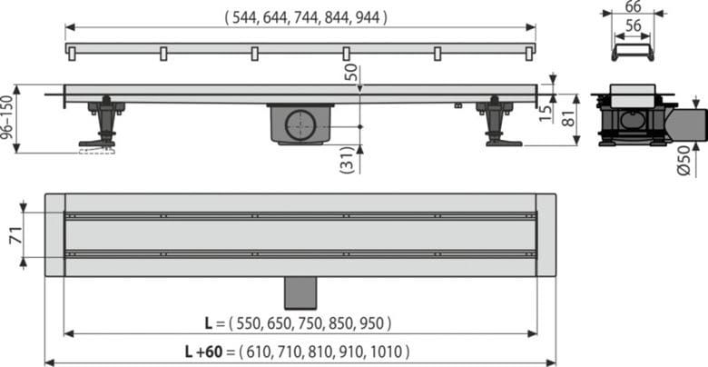 ALCA APZ13-DOUBLE9 FIT AND GO sprchový žlab 950 mm, do prostoru i ke stěně, boční odtok DN 50, rošt pro vložení dlažby DOUBLE, nerez ocel APZ13-DOUBLE9-950 Technický nákres