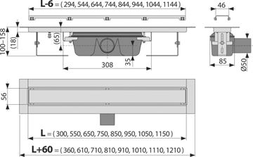 ALCA APZ15 MARBLE sprchový žlab 1050 mm, do prostoru i ke stěně, boční odtok DN 50, rošt pro vložení dlažby, PP/nerez ocel APZ15-1050 Technický nákres