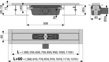 ALCA APZ1 sprchový žlab 550 mm, do prostoru i ke stěně, boční odtok DN 50, bez roštu, PP/nerez ocel APZ1-550 Technický nákres