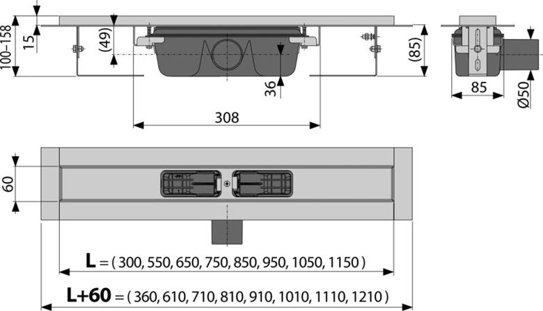 ALCA APZ1 sprchový žlab 550 mm, do prostoru i ke stěně, boční odtok DN 50, bez roštu, PP/nerez ocel APZ1-550 Technický nákres