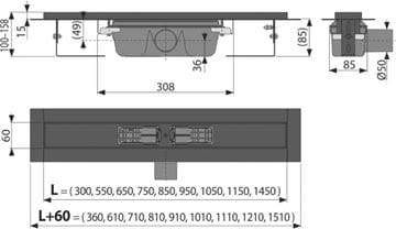 ALCA APZ1BLACK sprchový žlab 850 mm, do prostoru i ke stěně, boční odtok DN 50, bez roštu, PP/nerez ocel, černá matná APZ1BLACK-850 Technický nákres
