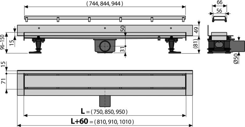 APZ23-DOUBLE9 FIT AND GO WALL sprchový žlab 750 mm, ke stěně, boční odtok DN 50, rošt pro vložení dlažby DOUBLE, nerez ocel APZ23-DOUBLE9-750 Technický nákres