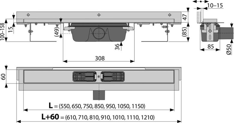 ALCA APZ4 FLEXIBLE sprchový žlab 550 mm, ke stěně, boční odtok DN 50, bez roštu, PP/nerez ocel APZ4-550 Technický nákres