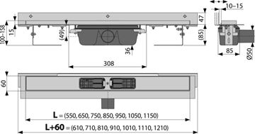 ALCA APZ4 FLEXIBLE sprchový žlab 550 mm, ke stěně, boční odtok DN 50, bez roštu, PP/nerez ocel APZ4-550 Technický nákres
