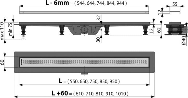 ALCA APZ9 SIMPLE sprchový žlab 850 mm, do prostoru i ke stěně, boční odtok DN 40, rošt SIMPLE 9, PP/nerez ocel APZ9-850M Technický nákres