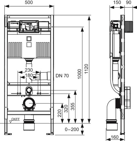 TECE PROFIL montážní prvek pro WC 112 cm, se splachovací nádržkou Uni 9300303 Technický nákres