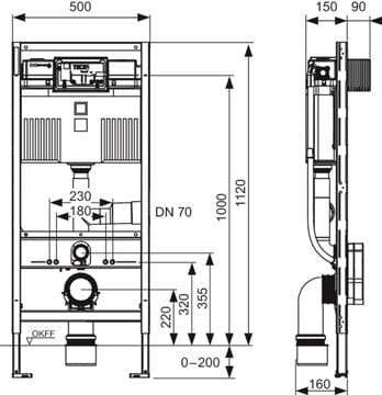 TECE PROFIL montážní prvek pro WC 112 cm, se splachovací nádržkou Uni 9300303 Technický nákres