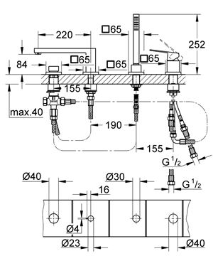 GROHE EUROCUBE baterie na okraj vany, 4-otvorová, s přepínačem, se sprchovou soupravou, chrom 19897001 Technický nákres