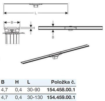 GEBERIT CLEANLINE 60 vrchní sada sprchového žlabu 300-900 mm, zkracovatelný, do prostoru i ke stěně, nerez ocel 154.458.00.1 Technický nákres