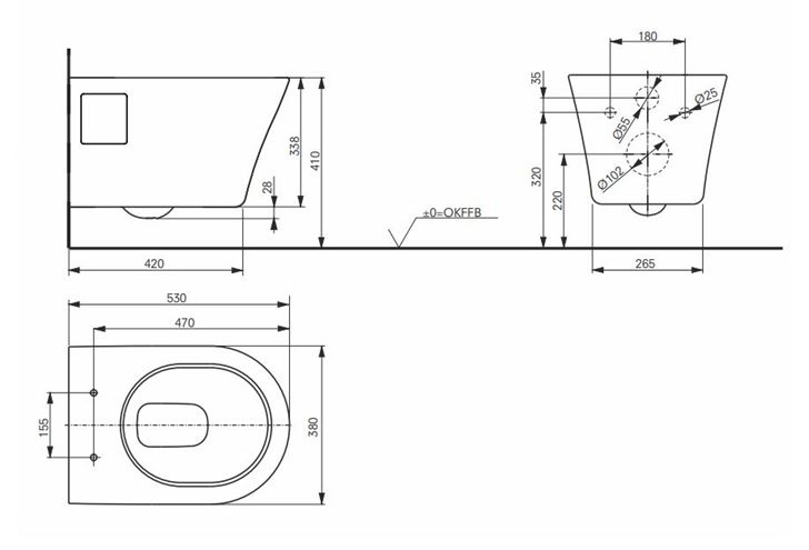 TOTO ES závěsné WC, Rimless splachování CW797 Technický nákres