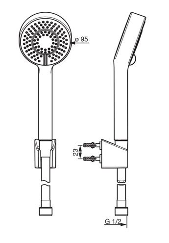 HANSA BASICJET sprchová souprava 3-dílná, ruční sprcha pr. 95 mm, 3 proudy, hadice, držák, Eco, matná černá 4468013333 Technický nákres