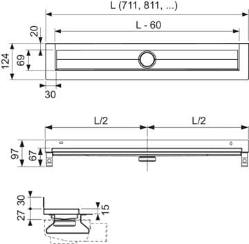 TECE DRAINLINE sprchový žlab 700 mm, ke stěně, bez odtoku, bez roštu, nerez ocel 600701 Technický nákres