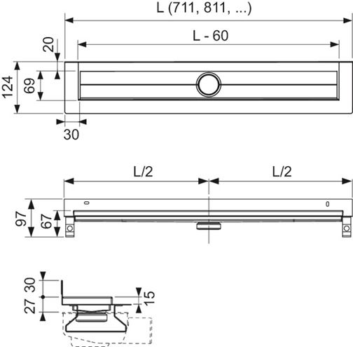 TECE DRAINLINE sprchový žlab 700 mm, ke stěně, bez odtoku, bez roštu, nerez ocel 600701 Technický nákres
