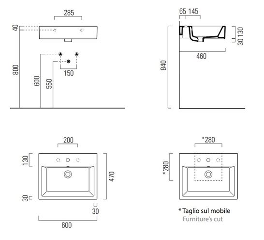 DŘEVOJAS KUBE 60 umyvadlo na desku 60 cm, s otvorem pro baterii a přepadem 05910 Technický nákres