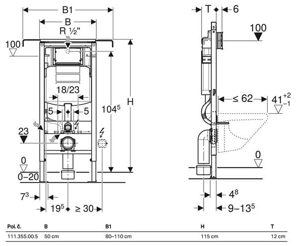 GEBERIT DUOFIX SPECIAL montážní prvek pro WC 115 cm, se splachovací nádržkou Sigma 12 cm 111.355.00.5 Technický nákres