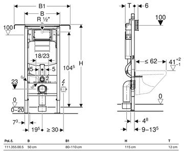 GEBERIT DUOFIX SPECIAL montážní prvek pro WC 115 cm, se splachovací nádržkou Sigma 12 cm 111.355.00.5 Technický nákres